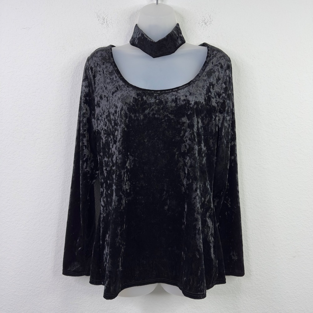 Vintage Black Crushed Velvet 3XL Choker Neck Y2K Goth Minimalist Dark Romantic